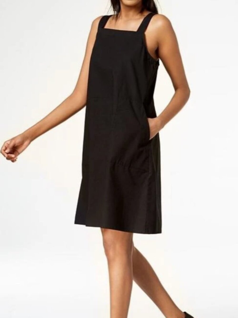 Eileen Fisher Organic Stretch Cotton Dress Knee Length, Pockets, Large, Black